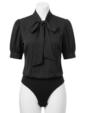 Source Unknown Black Bow-Tie Puff Sleeve Bodysuit